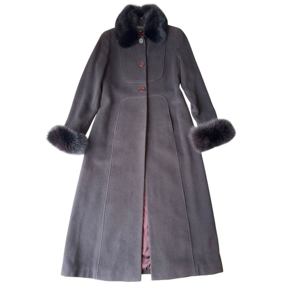 Donatella Brown Long Wool Coat with Removable Dyed Fox Fur Collar & Cuffs